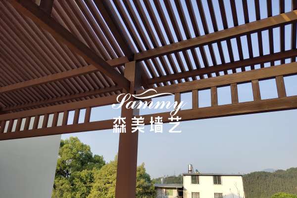 福建南平建陽區(qū)考亭書院建盞園廊架木紋漆施工